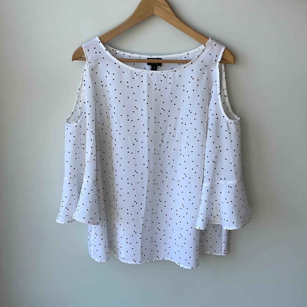 Cold Shoulder Top/White with Black dots